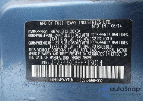 2014 Subaru Xv Crosstrek Hybrid 2.0I Touring z USA, uszkodzony, nr VIN JF2GPBKC8EH313014